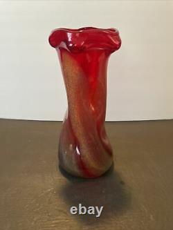 Vintage Dino Martens Murano Glass Red Vase With Yellow Blue