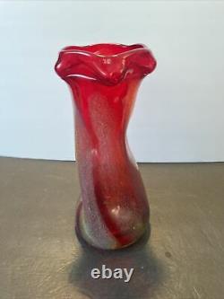 Vintage Dino Martens Murano Glass Red Vase With Yellow Blue