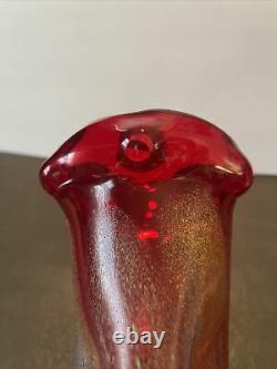 Vintage Dino Martens Murano Glass Red Vase With Yellow Blue