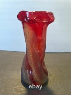 Vintage Dino Martens Murano Glass Red Vase With Yellow Blue