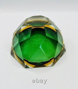 Vintage Emerald Green Yellow Murano Sommerso Diamond Cut Glass Bowl