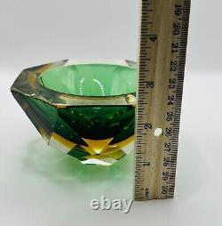 Vintage Emerald Green Yellow Murano Sommerso Diamond Cut Glass Bowl