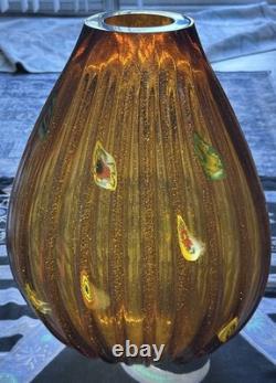 Vintage Empoli/Murano Aventurine Amber Handblown Heavy Large Ribbed Vase Italy