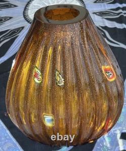 Vintage Empoli/Murano Aventurine Amber Handblown Heavy Large Ribbed Vase Italy