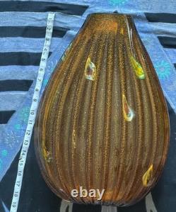 Vintage Empoli/Murano Aventurine Amber Handblown Heavy Large Ribbed Vase Italy
