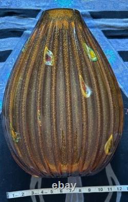 Vintage Empoli/Murano Aventurine Amber Handblown Heavy Large Ribbed Vase Italy
