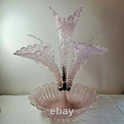 Vintage Epergne 17 Tall Pink Clear Glass 5 Hand Venetian Murano Mid-Century