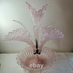 Vintage Epergne 17 Tall Pink Clear Glass 5 Hand Venetian Murano Mid-Century