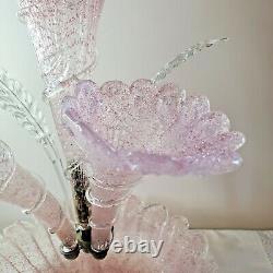 Vintage Epergne 17 Tall Pink Clear Glass 5 Hand Venetian Murano Mid-Century