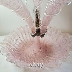 Vintage Epergne 17 Tall Pink Clear Glass 5 Hand Venetian Murano Mid-Century