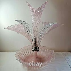 Vintage Epergne 17 Tall Pink Clear Glass 5 Hand Venetian Murano Mid-Century