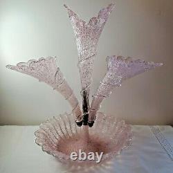 Vintage Epergne 17 Tall Pink Clear Glass 5 Hand Venetian Murano Mid-Century