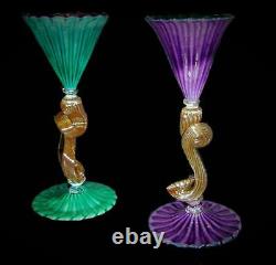 Vintage Exceptional Pair Large Italian Signed Murano Venetian Art Glass Goblets