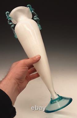 Vintage FRATELLI TOSO Murano Art Glass BIG 14.75 White Blue Handled Footed Vase