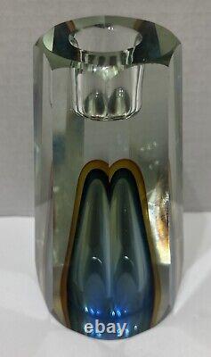 Vintage Flavio Poli Murano Glass Sommerso Vase Candle Holder Blue Amber 6 READ