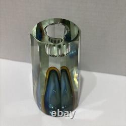 Vintage Flavio Poli Murano Glass Sommerso Vase Candle Holder Blue Amber 6 READ