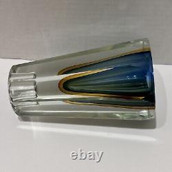 Vintage Flavio Poli Murano Glass Sommerso Vase Candle Holder Blue Amber 6 READ