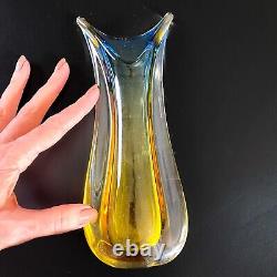Vintage Flavio Poli Sommerso Murano Italian Art Glass Vase Blue Yellow 9