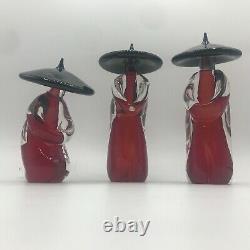 Vintage Formia Murano Italian 3 Piece Art Glass Chinese Figurative Sculpture Red