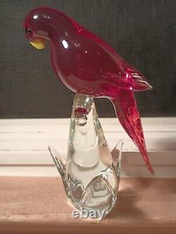 Vintage Formia Vetei Di Murano Italy Blown Glass Parrot Bird Red On Stand