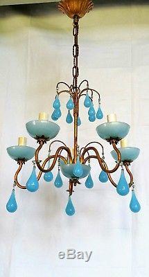 Vintage French Blue Opaline Chandelier 5Lt Murano Glass Drops Free Ship to USA