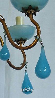 Vintage French Blue Opaline Chandelier 5Lt Murano Glass Drops Free Ship to USA