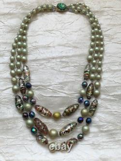 Vintage French Designer 3 strands Necklace Murano Glass beads & Green pearls
