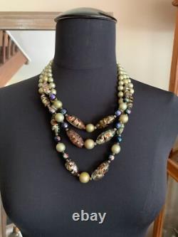 Vintage French Designer 3 strands Necklace Murano Glass beads & Green pearls