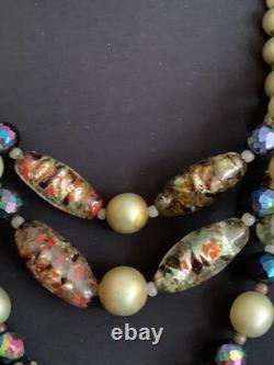 Vintage French Designer 3 strands Necklace Murano Glass beads & Green pearls
