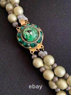 Vintage French Designer 3 strands Necklace Murano Glass beads & Green pearls