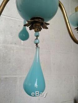 Vintage French Opaline Chandelier Blue Milk Glass Murano Drops