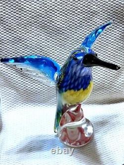 Vintage Hand Blown Murano Art Glass Blue / Yellow / Red Hummingbird Figurine Lrg