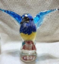 Vintage Hand Blown Murano Art Glass Blue / Yellow / Red Hummingbird Figurine Lrg