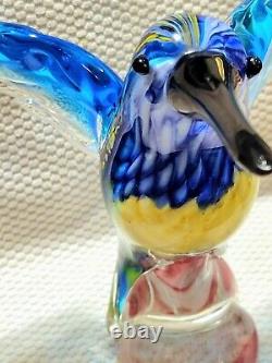 Vintage Hand Blown Murano Art Glass Blue / Yellow / Red Hummingbird Figurine Lrg