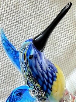 Vintage Hand Blown Murano Art Glass Blue / Yellow / Red Hummingbird Figurine Lrg