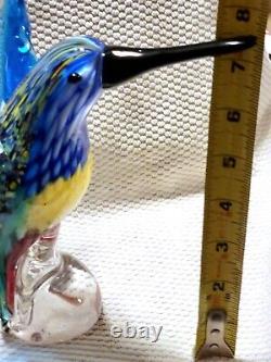 Vintage Hand Blown Murano Art Glass Blue / Yellow / Red Hummingbird Figurine Lrg