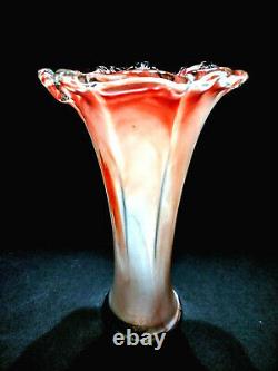 Vintage Hand Blown Murano Art Glass Lavorazione Tangerine Orange & Cream Vase