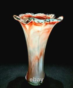 Vintage Hand Blown Murano Art Glass Lavorazione Tangerine Orange & Cream Vase