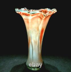 Vintage Hand Blown Murano Art Glass Lavorazione Tangerine Orange & Cream Vase