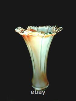 Vintage Hand Blown Murano Art Glass Lavorazione Tangerine Orange & Cream Vase