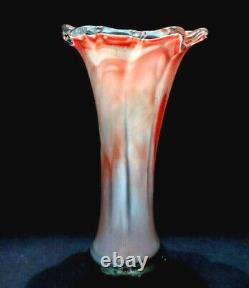 Vintage Hand Blown Murano Art Glass Lavorazione Tangerine Orange & Cream Vase