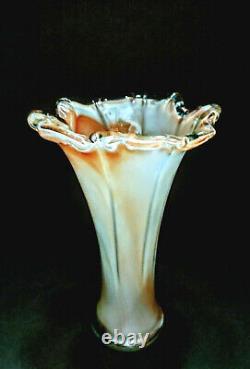 Vintage Hand Blown Murano Art Glass Lavorazione Tangerine Orange & Cream Vase