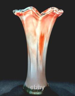 Vintage Hand Blown Murano Art Glass Lavorazione Tangerine Orange & Cream Vase