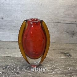 Vintage Hand Blown Murano Glass Red Amber Lava Vase 8.75x5.5 Heavy 4lb