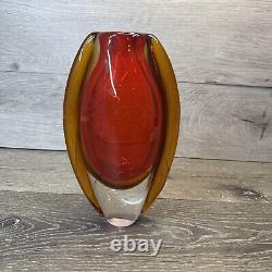 Vintage Hand Blown Murano Glass Red Amber Lava Vase 8.75x5.5 Heavy 4lb