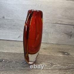 Vintage Hand Blown Murano Glass Red Amber Lava Vase 8.75x5.5 Heavy 4lb