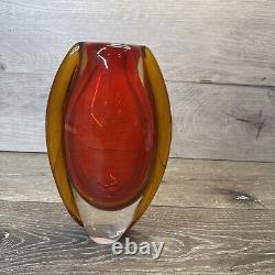 Vintage Hand Blown Murano Glass Red Amber Lava Vase 8.75x5.5 Heavy 4lb