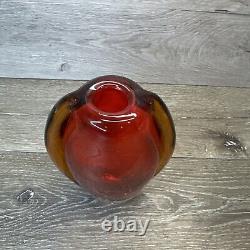 Vintage Hand Blown Murano Glass Red Amber Lava Vase 8.75x5.5 Heavy 4lb