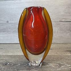 Vintage Hand Blown Murano Glass Red Amber Lava Vase 8.75x5.5 Heavy 4lb