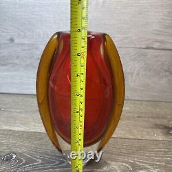 Vintage Hand Blown Murano Glass Red Amber Lava Vase 8.75x5.5 Heavy 4lb